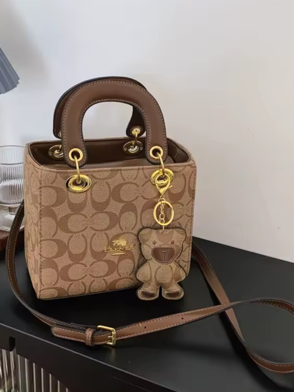 New Inspired Small Signature Satchel in Brown with Gold Hardware